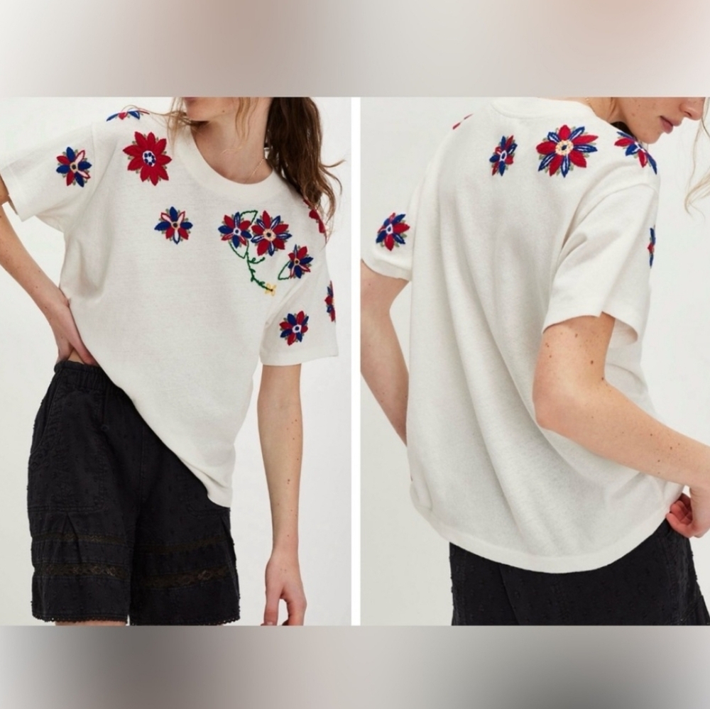 NWOT Free People Petal Stitch Tissue Tee - cream combo